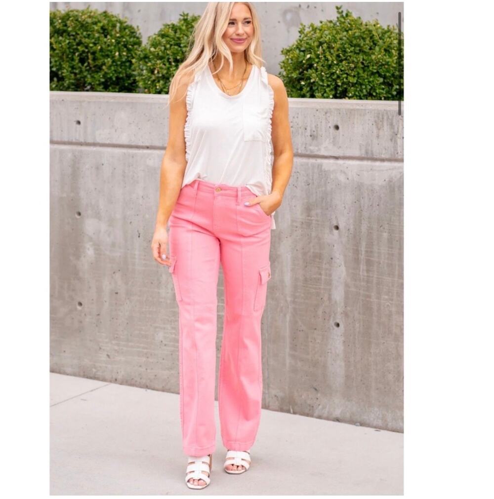 Judy Blue Jeans Womens 29 Pretty in Pink High Rise Cargo Straight Leg Utility